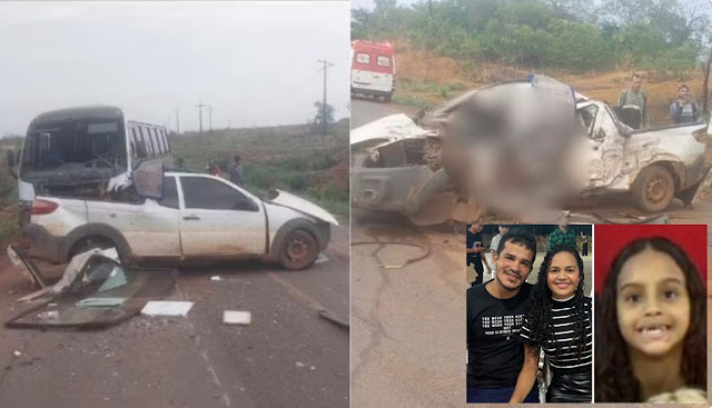 Pai, mãe e filha morrem em acidente entre ônibus e caminhonete na BR-330, em Balsas